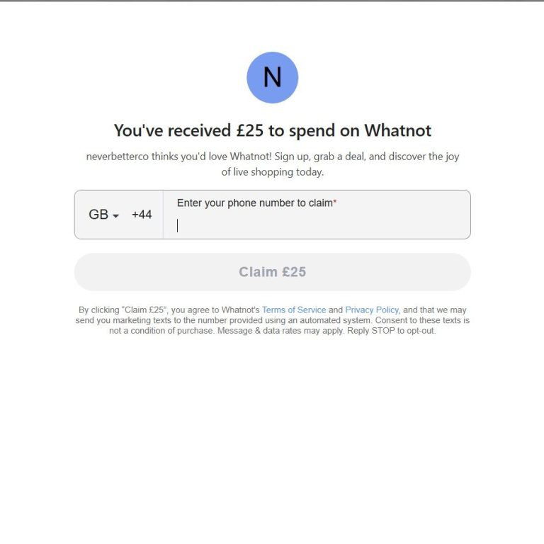 Whatnot UK referral offer showing £25 new user credit Whatnot UK referral offer showing £25 new user credit